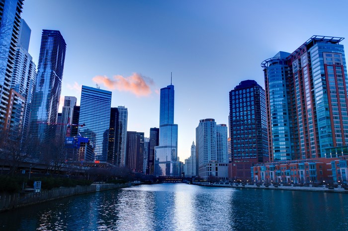 Chicago City Skyline with River