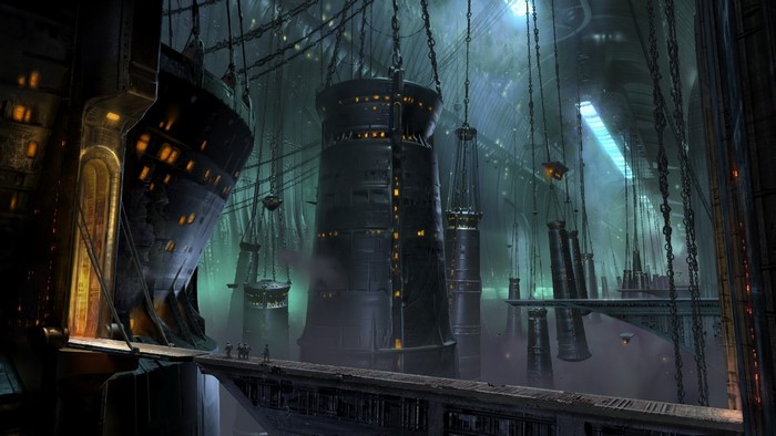 Fantastic world with industrial structures and chains