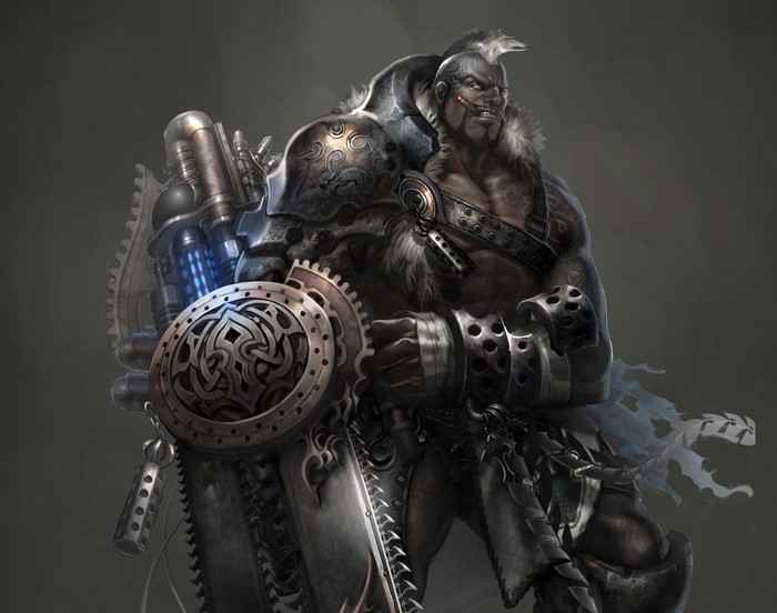 Warrior with mechanical arm and weapon from Atlantica Online