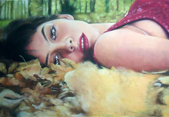 Painting of a woman lying in leaves