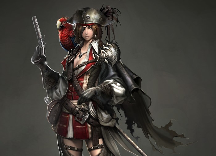 Pirate woman with parrot and pistol from Atlantica Online