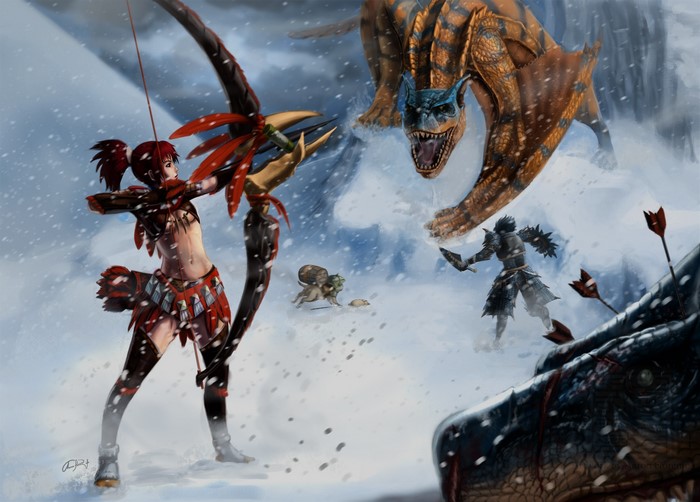 Hunters battling monsters in a snowy landscape