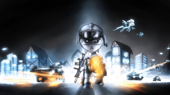 My Little Pony soldiers in a war-torn city