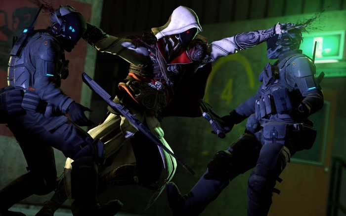 Assassin fighting guards in a dark environment