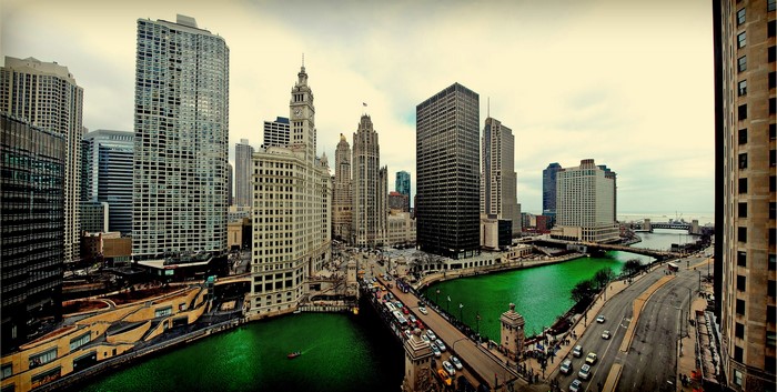 Chicago Cityscape with Green River and Bridges