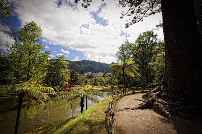 Park with a pond and mountains in the background