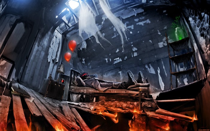 Romantically Apocalyptic character resting in a dilapidated room