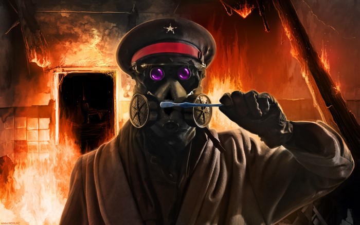 Character in gas mask and hat brushing teeth in fire