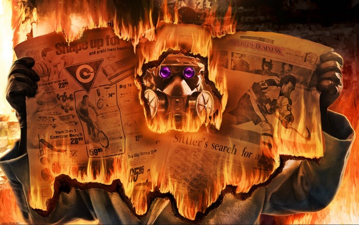 Gas mask in burning newspaper
