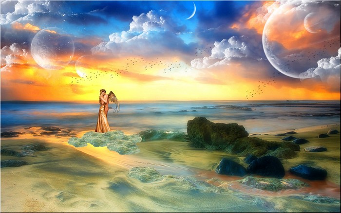 Angel couple on clouds by the sea with planets