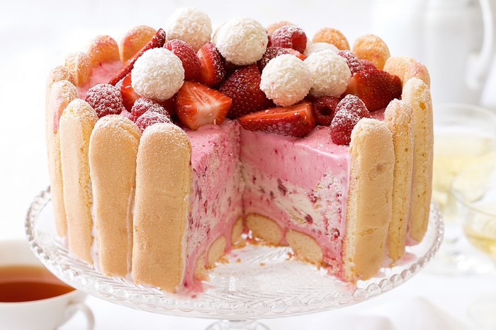 Strawberry Charlotte Cake with Berries and Coconut Balls