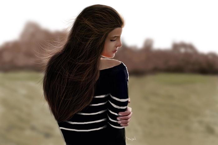 Brown haired woman in striped sweater