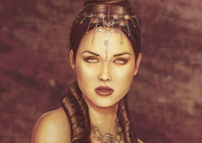 Woman with elaborate jewelry and braided hair
