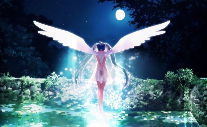 Angel with wings under the moon at night