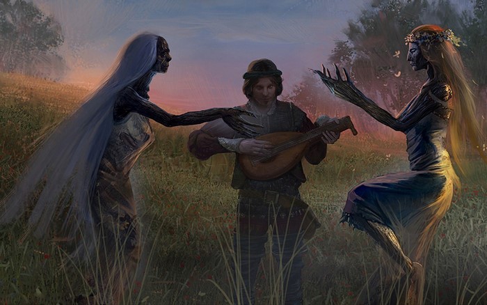 Man playing lute with two supernatural beings in a field