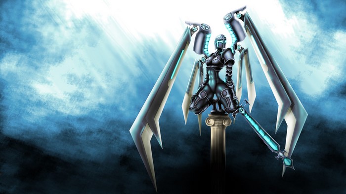 Robot with wings and sword on a pedestal