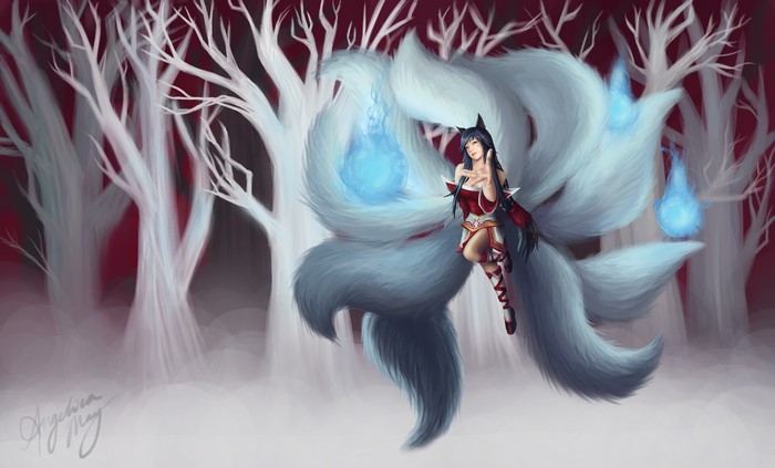 Ahri from League of Legends with tails