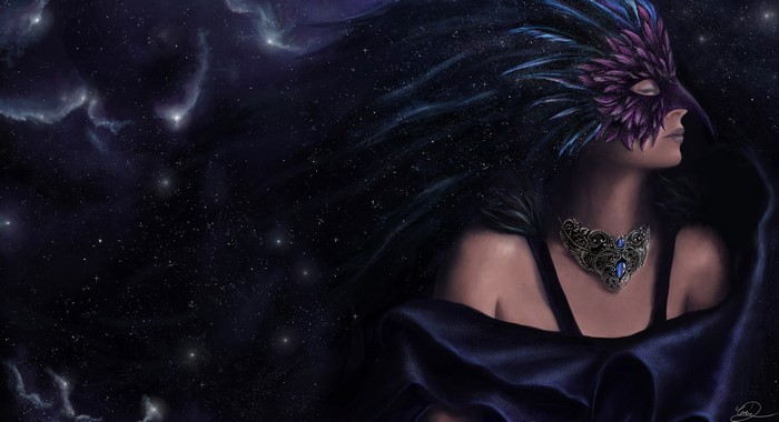 Woman in a feathered mask with a starry background