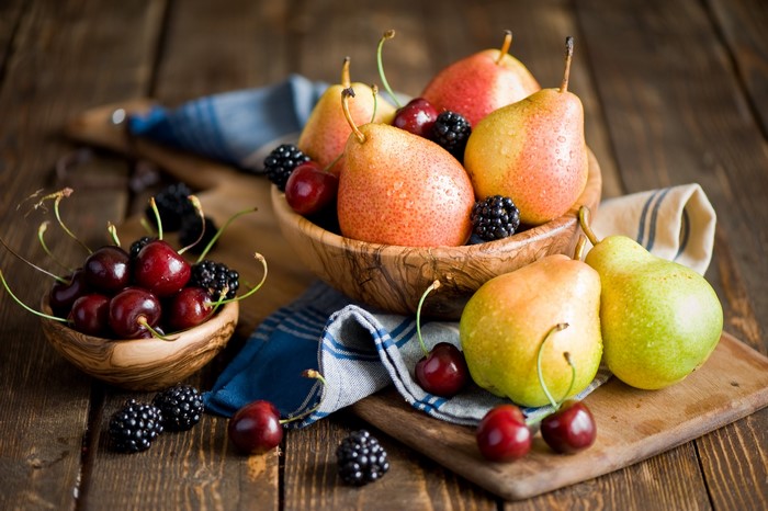 Pears, Cherries, and Blackberries in Bowls