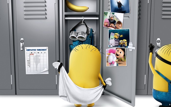 Minions from Despicable Me 2 in a locker room
