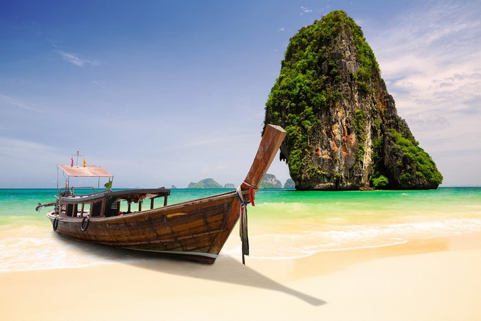 Longtail boat on a beach in Krabi, Thailand
