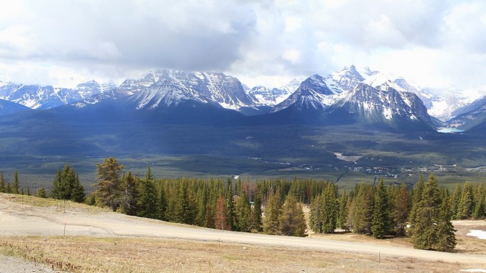 Banff National Park, Canada: Snow-capped mountains and evergreen forest