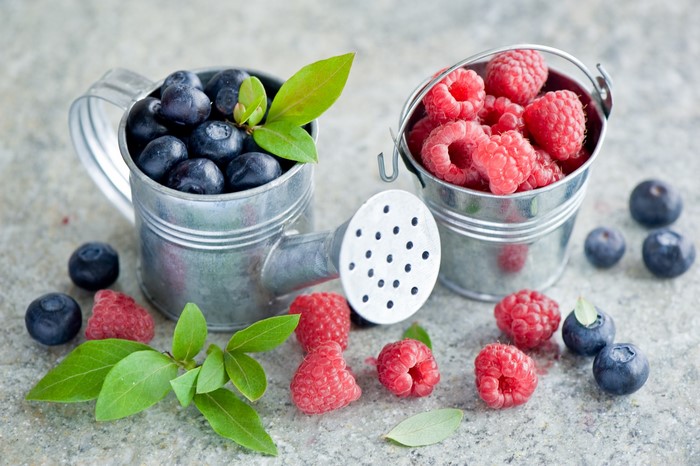 Blueberries and raspberries in watering cans