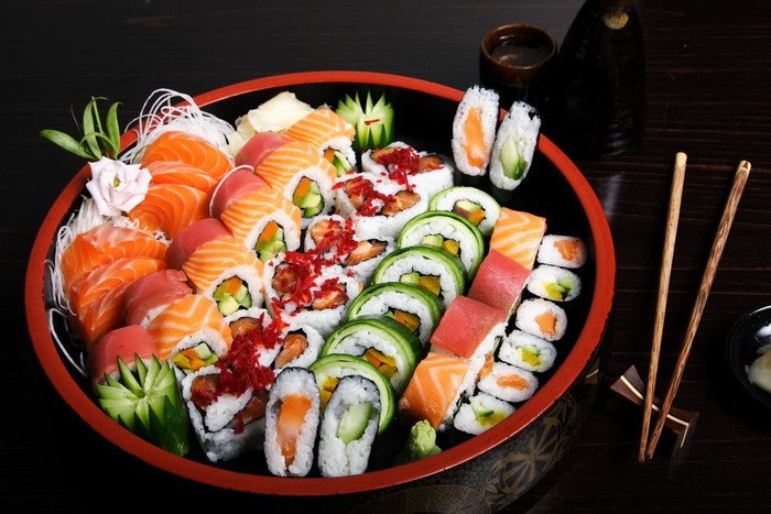 Assortment of sushi and sashimi on a platter