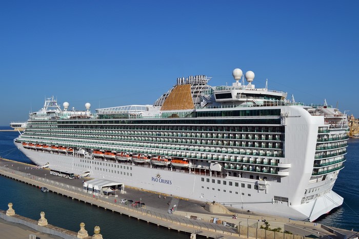 P&O Cruises Azura cruise liner docked at a marina