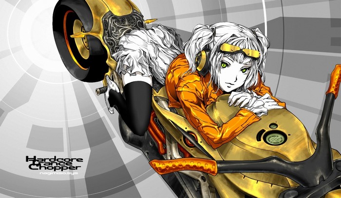 Anime girl with blonde hair on a gold motorcycle