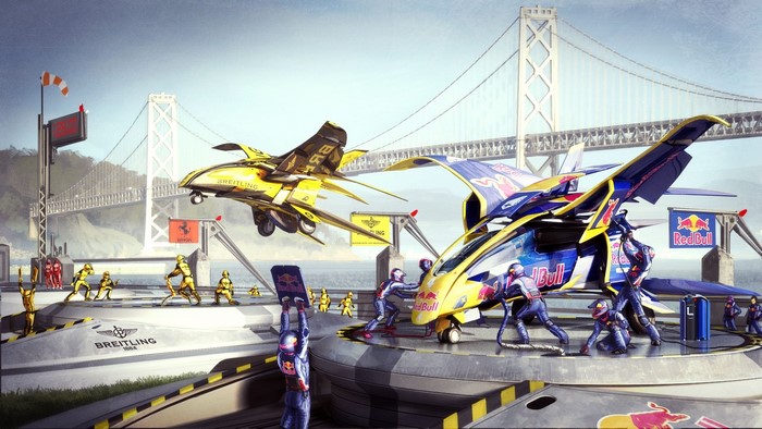 Red Bull and Breitling aircraft near a bridge