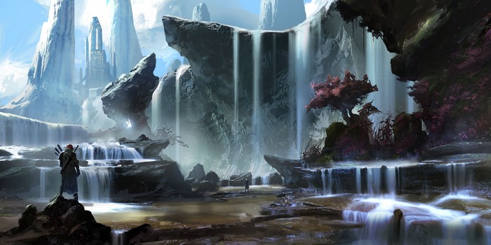 Fantastic world with waterfalls and futuristic city