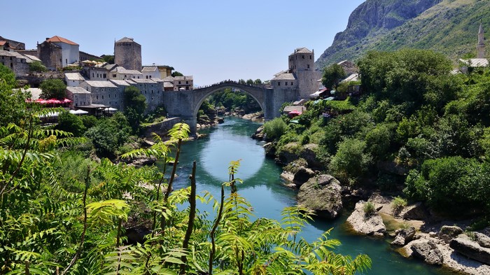 Stari Most bridge over Neretva River in Mostar, Bosnia and Herzegovina