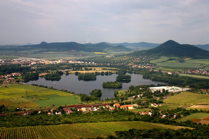 Aerial view of a lake and town in the Czech Republic