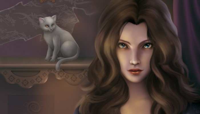 Painting of a woman with brown hair and a white cat
