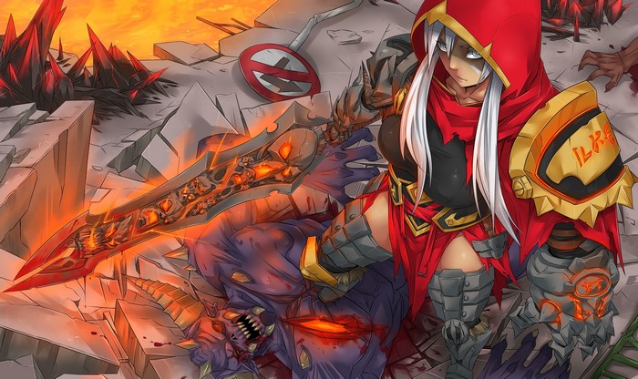 Riven from League of Legends with a defeated demon