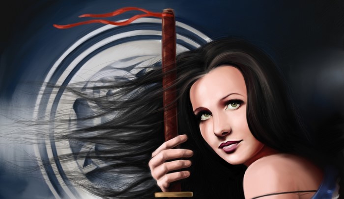 Brunette warrior girl holding a sword