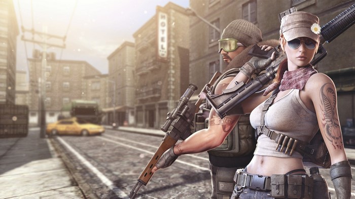 Point Blank characters in a city street