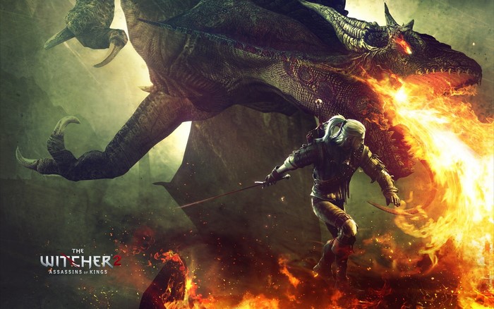 Geralt of Rivia from The Witcher 2: Assassins of Kings fighting a dragon