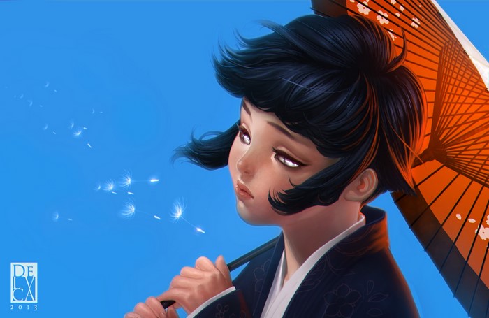 Girl with umbrella and dandelion seeds