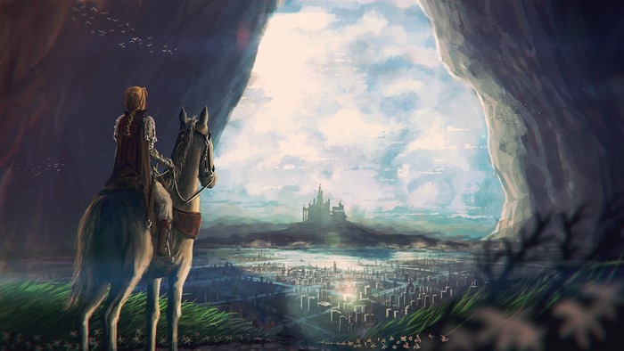 Knight on horseback overlooking a fantasy city and castle