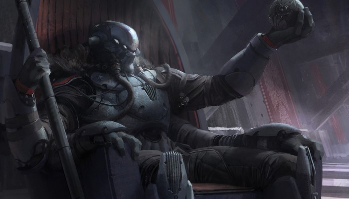 Armored warrior sitting on a throne holding a sphere