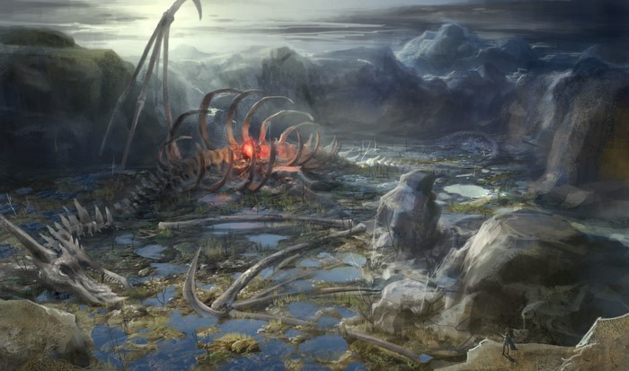 Giant Dragon Skeleton in a Swampy Landscape