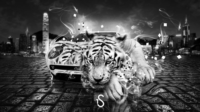 Tiger and Car in Cityscape