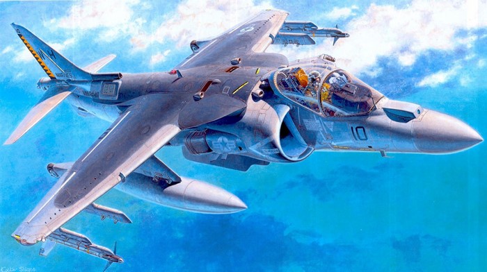AV-8B Harrier II fighter jets in flight