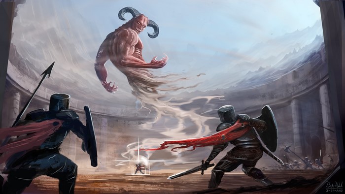 Knights battle a demon in an ancient arena