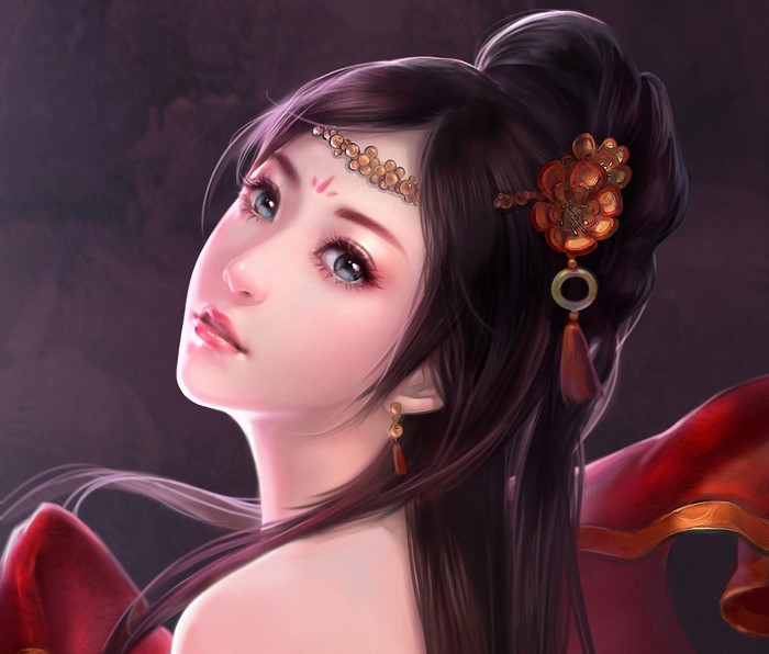 Painting of a Brunette Asian Girl with Red Robes