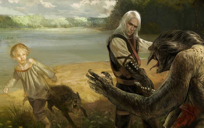 Geralt of Rivia fighting a monster with a child and wolf nearby