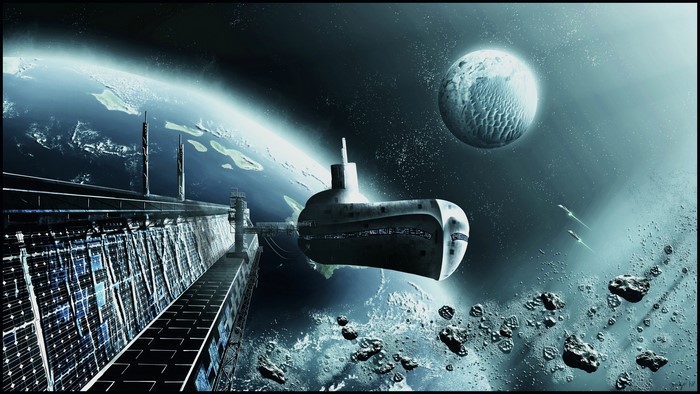 Space station with submarine near planet and moon