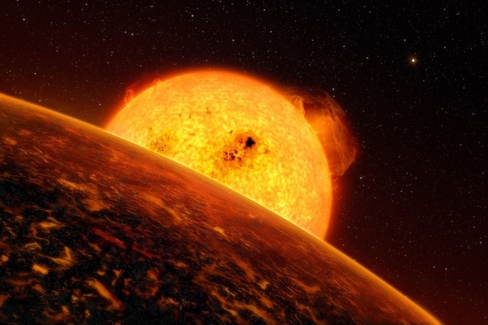 Planet surface near a bright star with solar flares